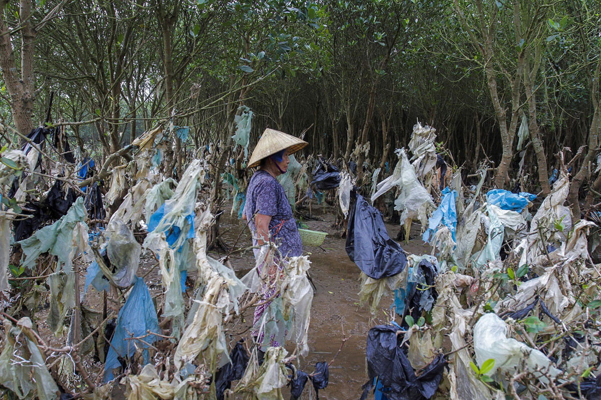 Seorang wanita Vietnam pengumpul kerang di pantai yang penuh sampah plastik yang tersangkut di ranting-ranting setelah tersapu air pasang, di provinsi Thanh Hoa, 150 kilometer selatan Hanoi, Vietnam, 18 Mei 2018.